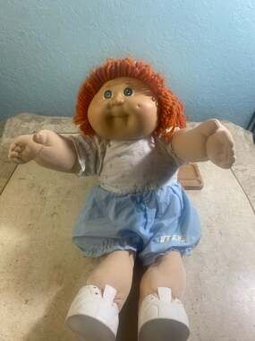 Vintage 1980s Cabbage Patch Kids Doll with Red Hair, Green Eyes, and Blue Dress